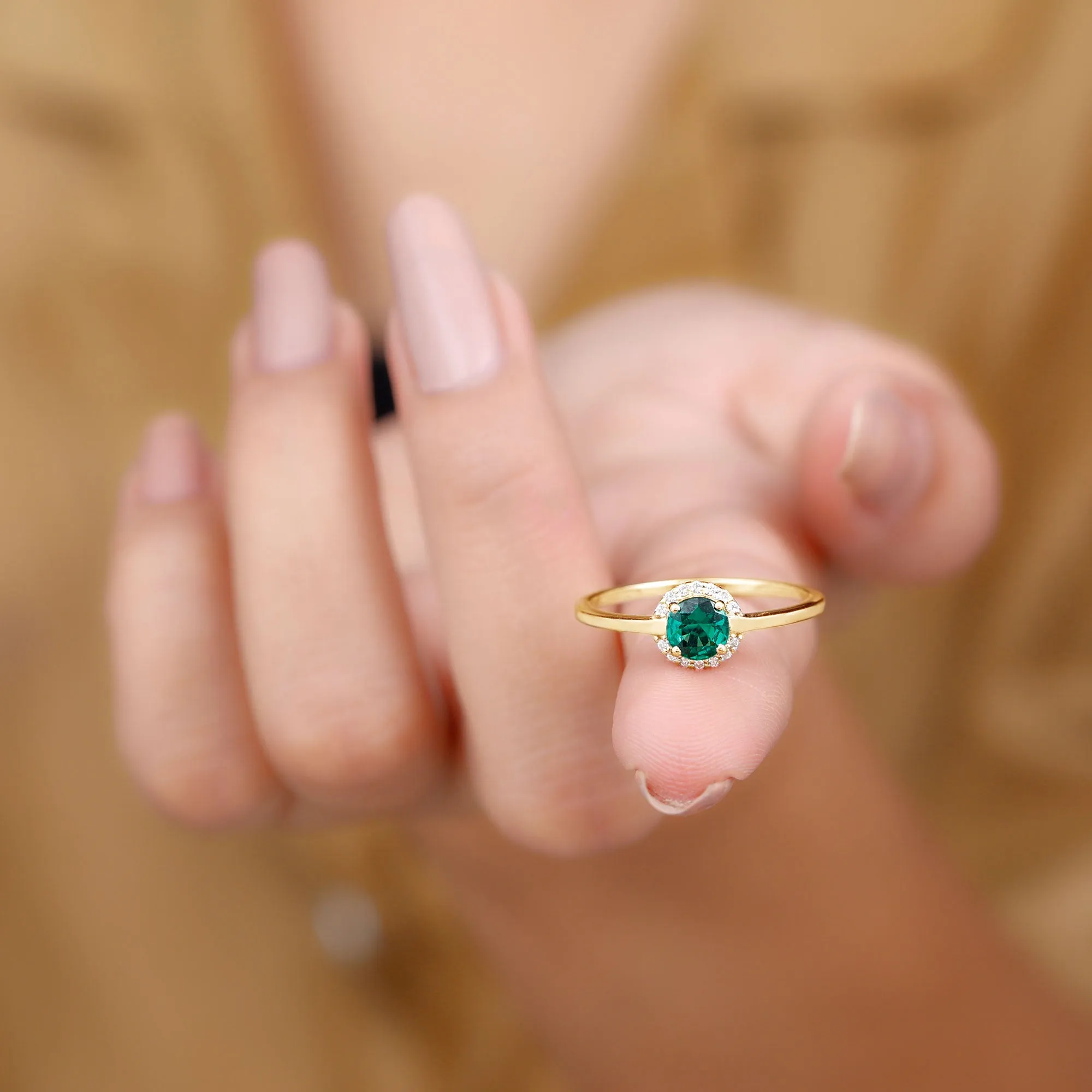 Round Lab Grown Emerald Halo Engagement Ring with Diamond