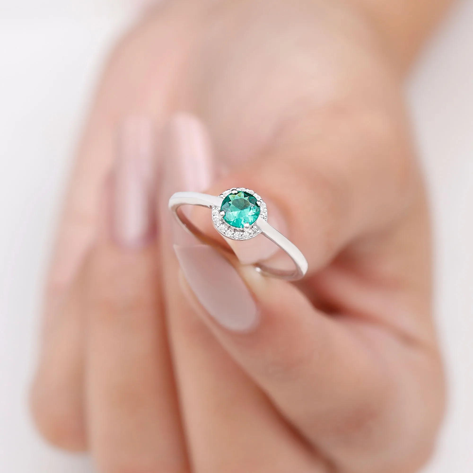 Round Lab Grown Emerald Halo Engagement Ring with Diamond