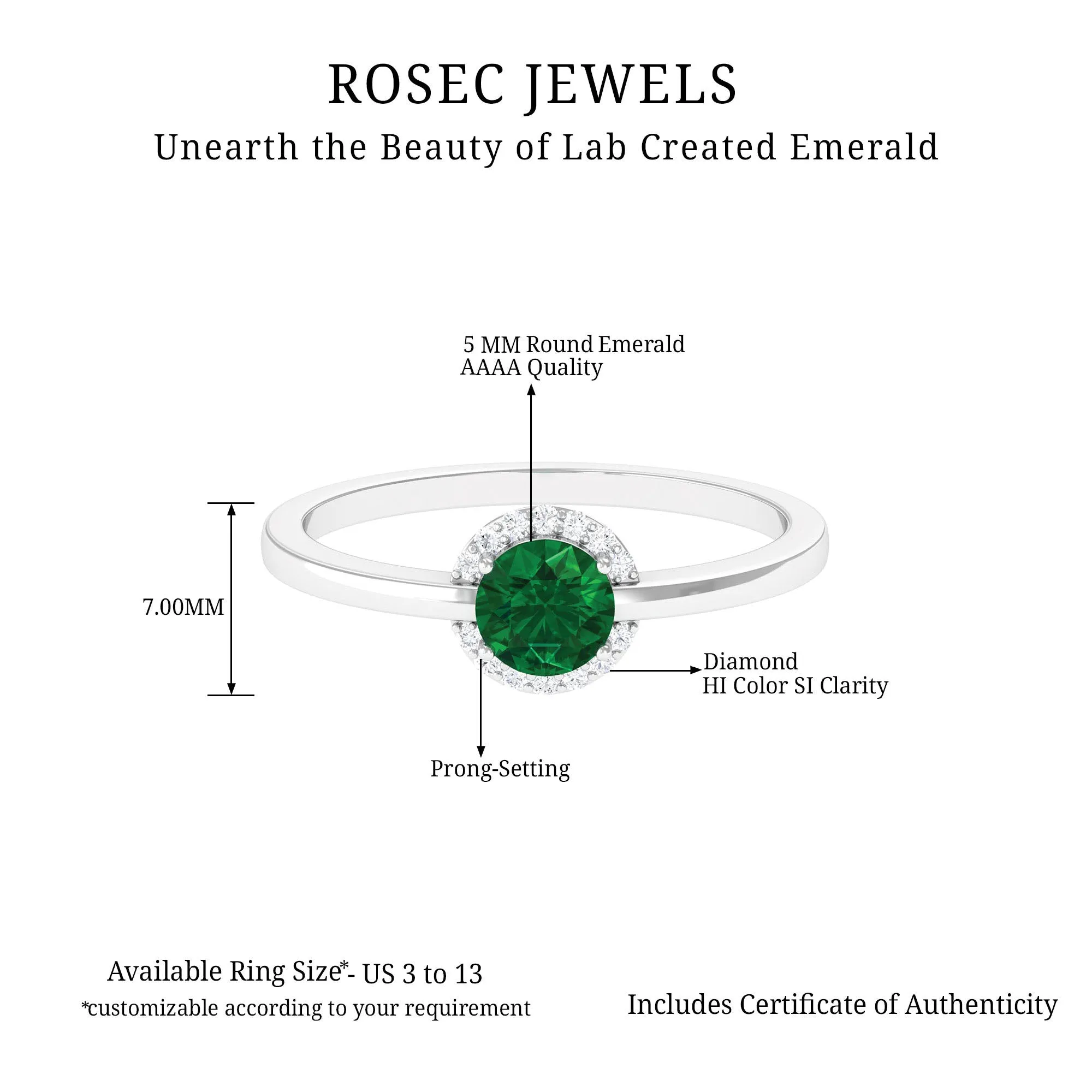 Round Lab Grown Emerald Halo Engagement Ring with Diamond