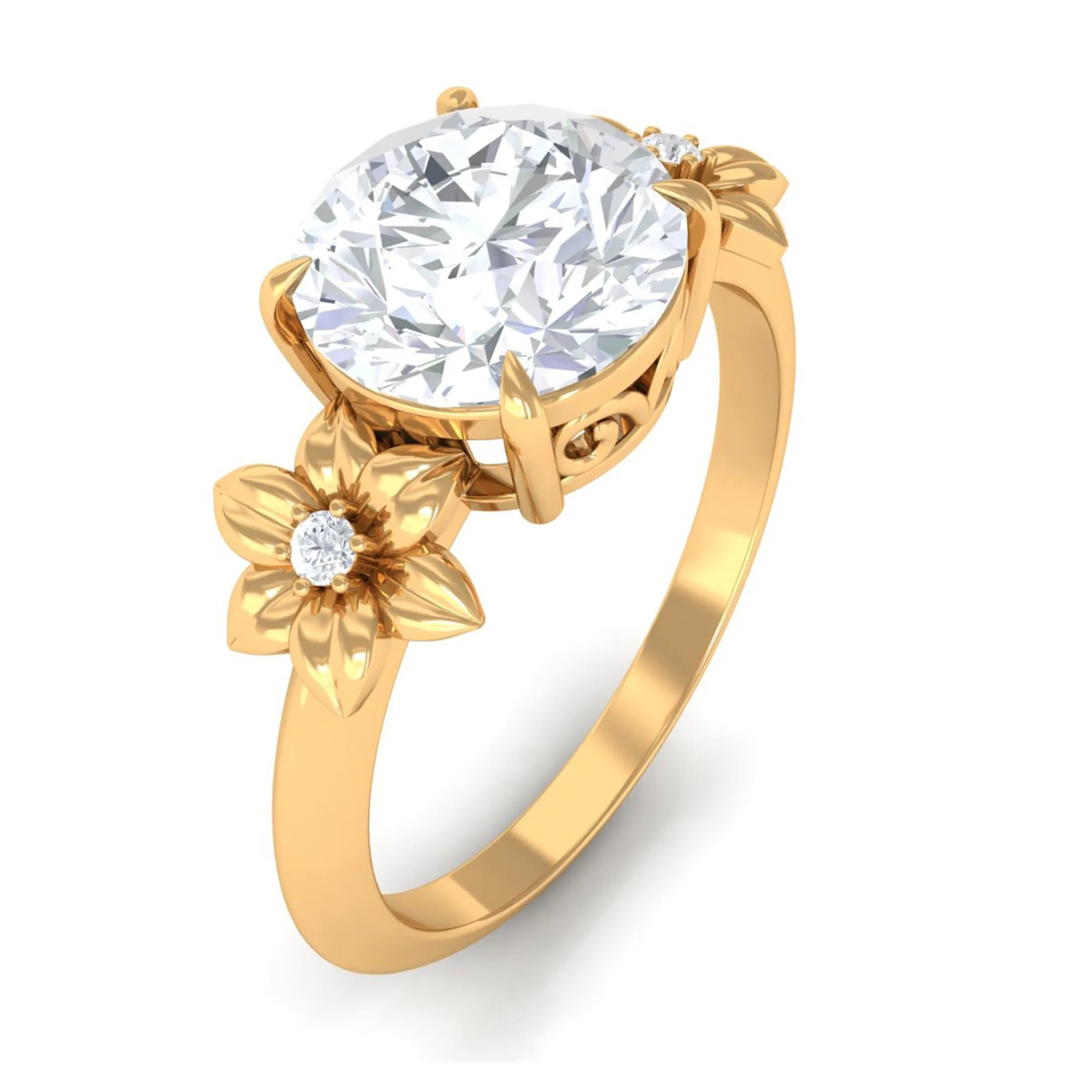 Round Zircon Solitaire Gold Flower Engagement Ring