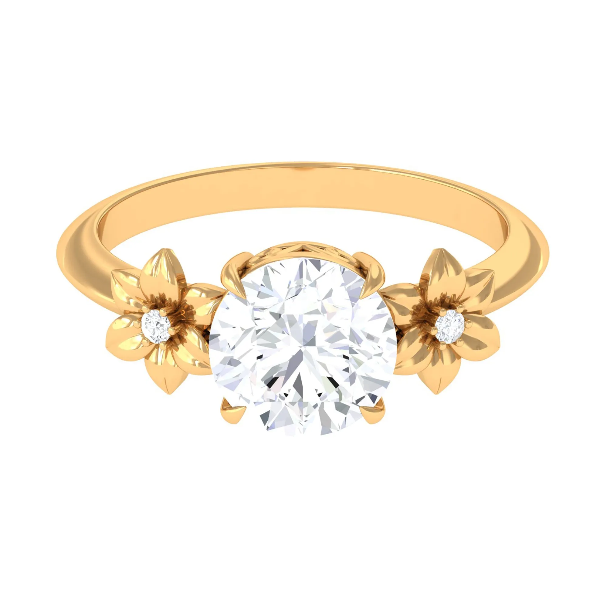 Round Zircon Solitaire Gold Flower Engagement Ring