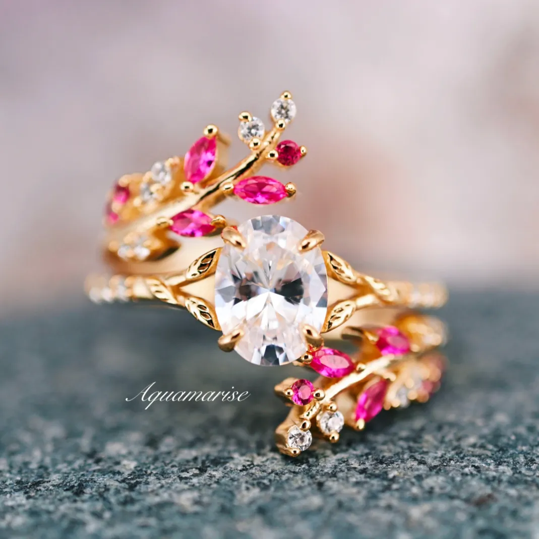 Ruby & Diamond (cz) Leaf Engagement Ring Set- 14K Yellow Gold Vermeil