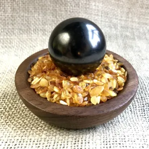 Shungite Sphere on Baltic Amber in Custom Wood Bowl, Purification