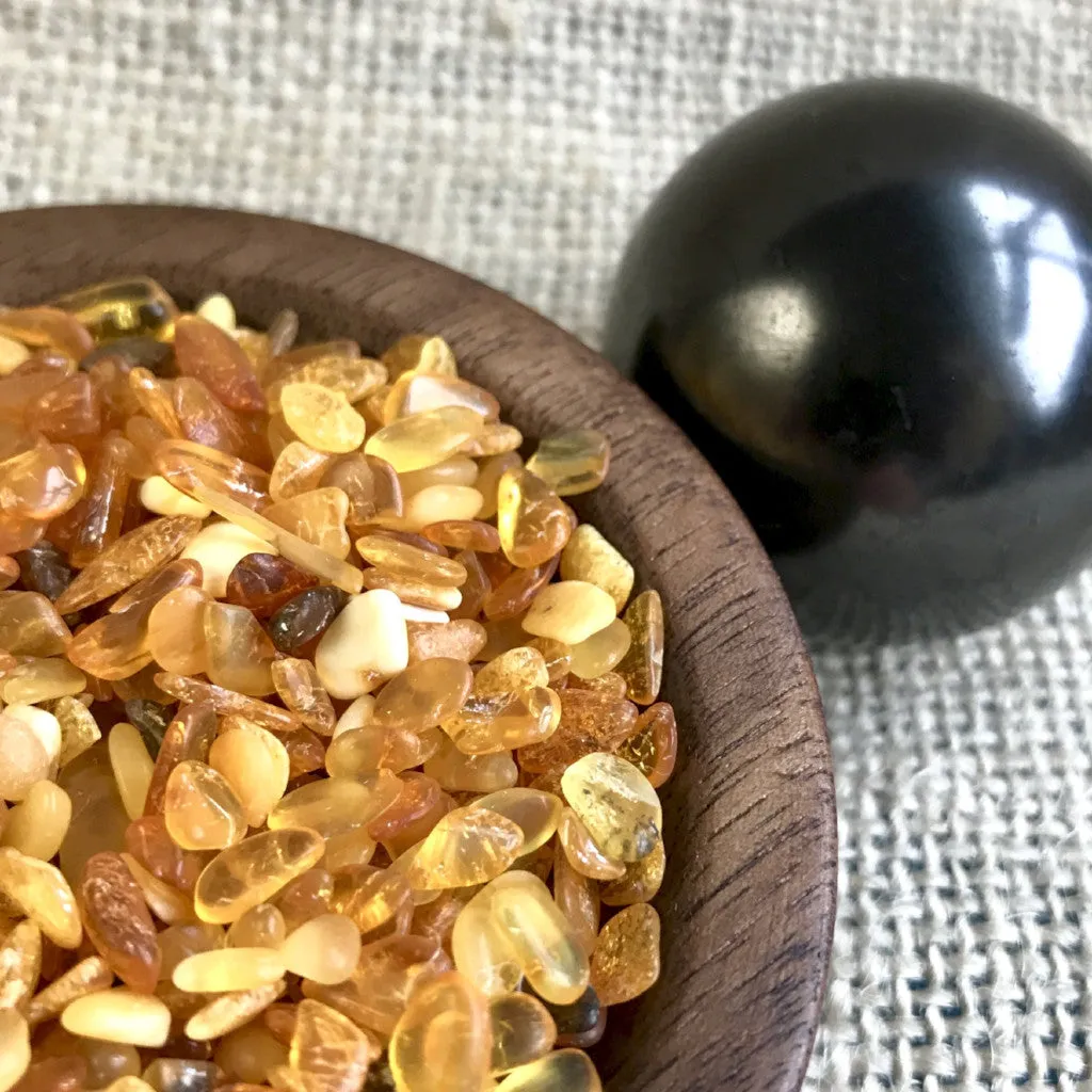 Shungite Sphere on Baltic Amber in Custom Wood Bowl, Purification