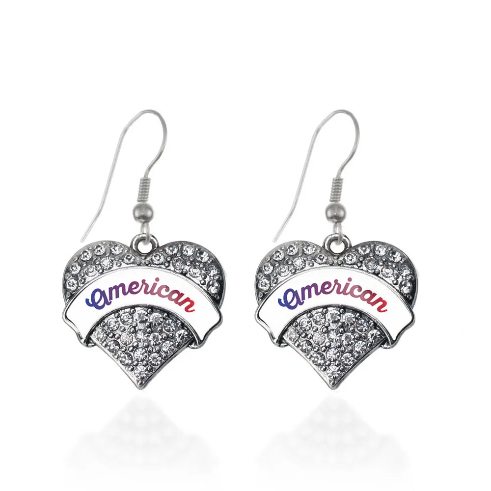 Silver American Pave Heart Charm Dangle Earrings