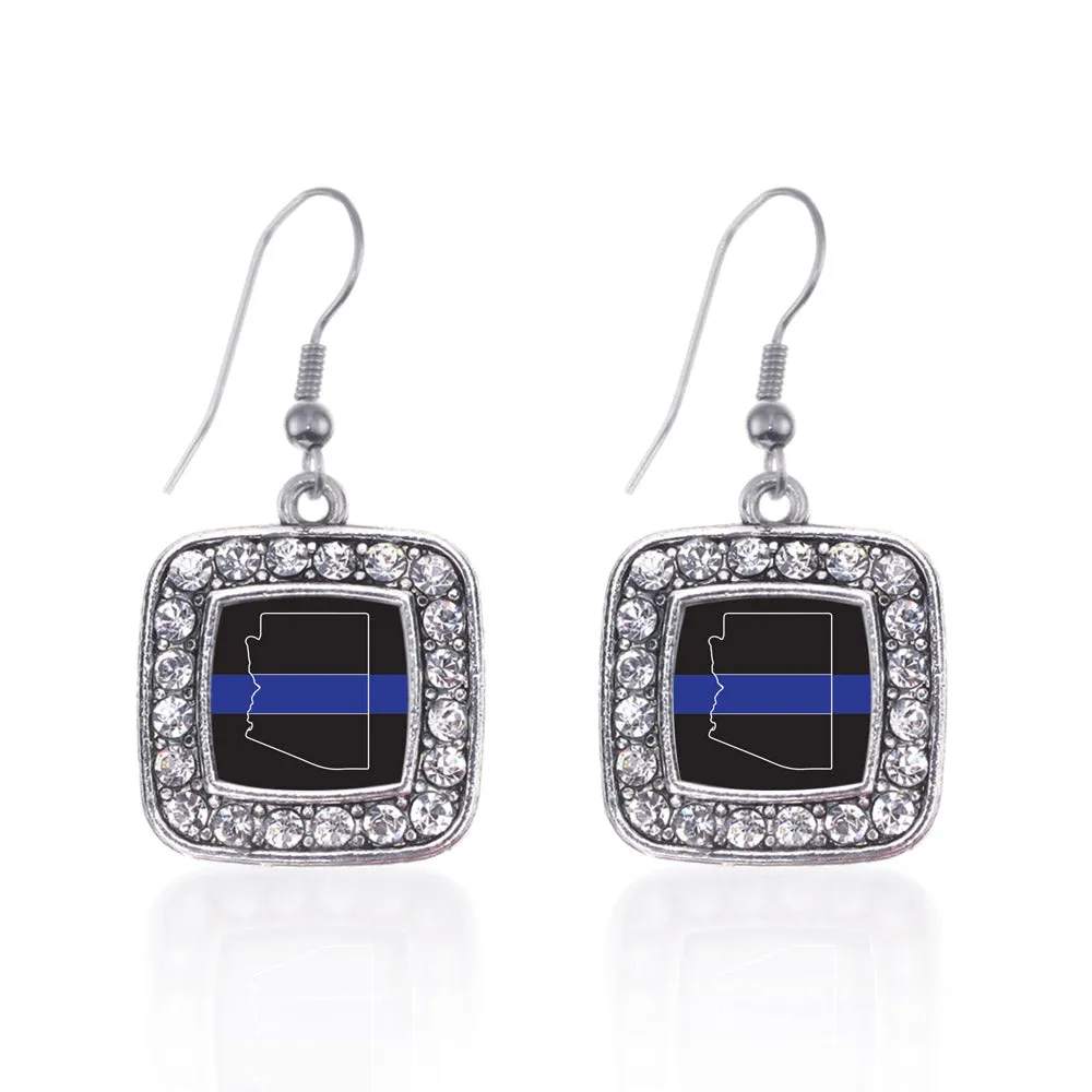 Silver Arizona Thin Blue Line Square Charm Dangle Earrings