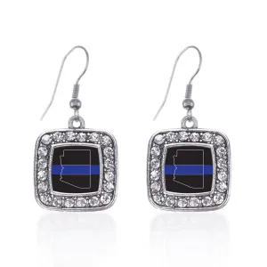 Silver Arizona Thin Blue Line Square Charm Dangle Earrings