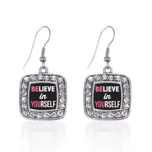 Silver Believe in Yourself Square Charm Dangle Earrings