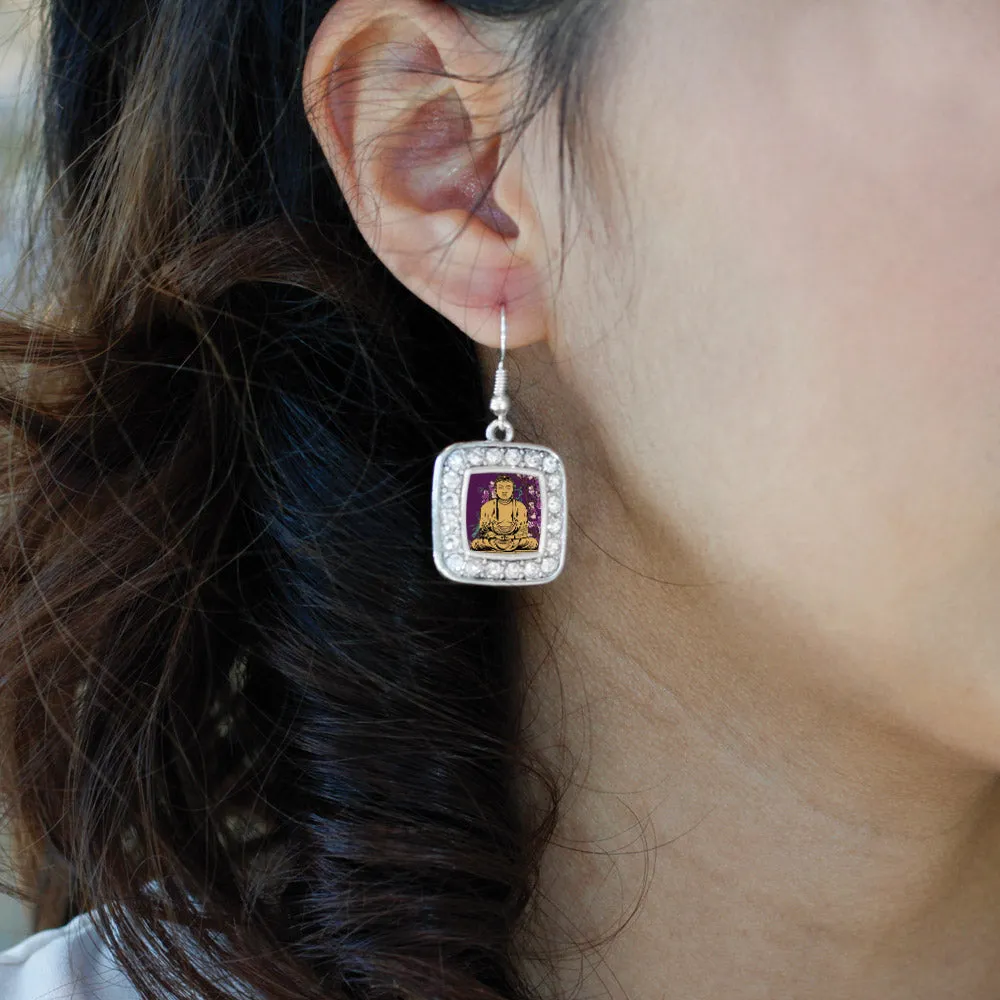 Silver Buddha And Cherry Blossoms Square Charm Dangle Earrings