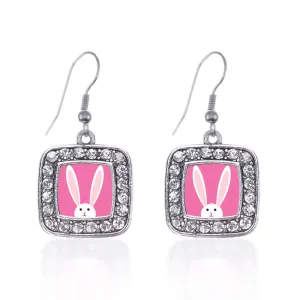 Silver Bunny Square Charm Dangle Earrings