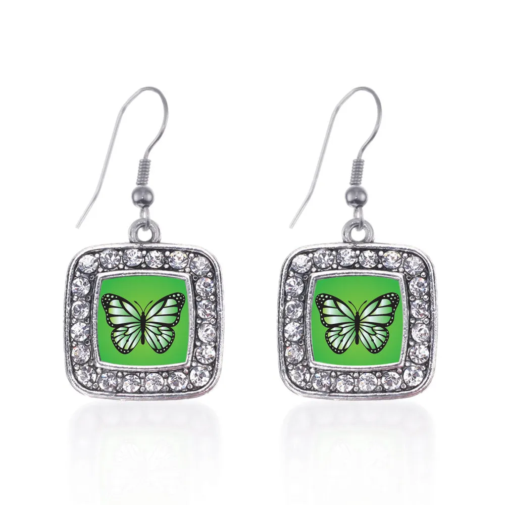 Silver Green Butterfly Square Charm Dangle Earrings