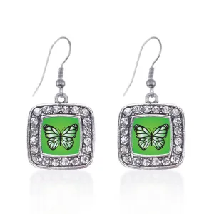 Silver Green Butterfly Square Charm Dangle Earrings