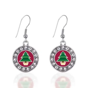 Silver Holiday Tree Circle Charm Dangle Earrings