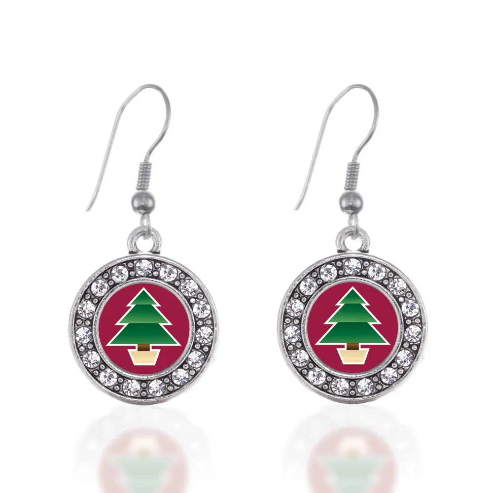 Silver Holiday Tree Circle Charm Dangle Earrings