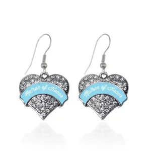 Silver Light Blue Matron Pave Heart Charm Dangle Earrings