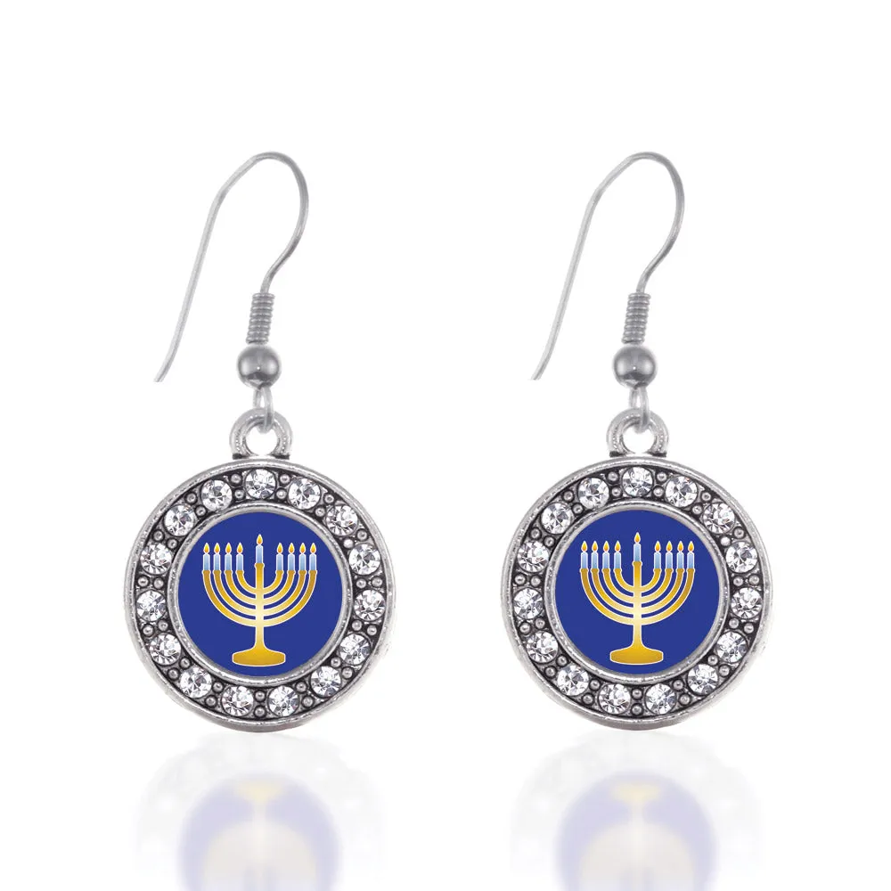 Silver Menorah Circle Charm Dangle Earrings