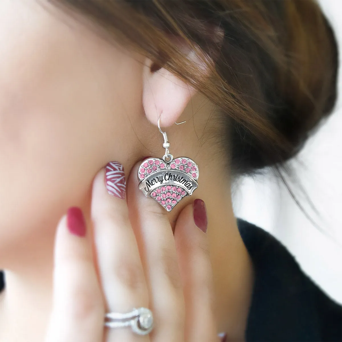 Silver Merry Christmas Pink Pink Pave Heart Charm Dangle Earrings