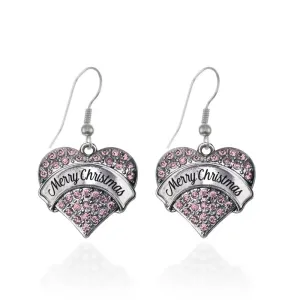 Silver Merry Christmas Pink Pink Pave Heart Charm Dangle Earrings