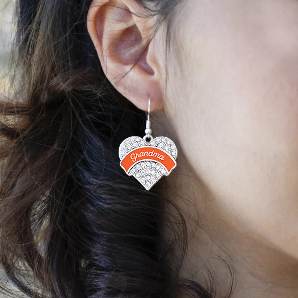 Silver Orange Grandma Pave Heart Charm Dangle Earrings