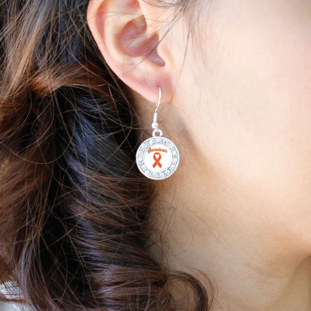 Silver Orange Ribbon Survivor Circle Charm Dangle Earrings