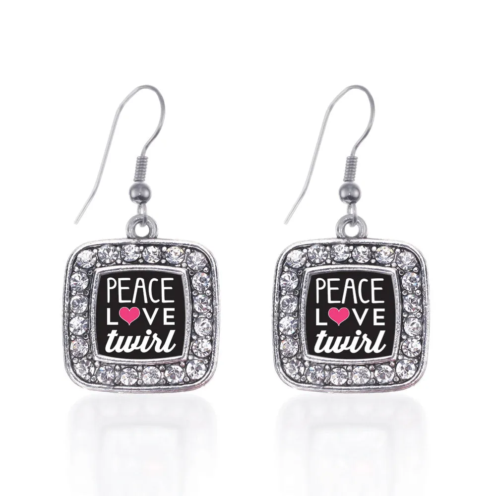 Silver Peace Love Twirl Square Charm Dangle Earrings