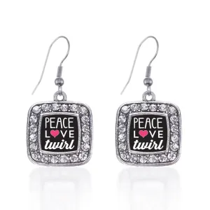 Silver Peace Love Twirl Square Charm Dangle Earrings