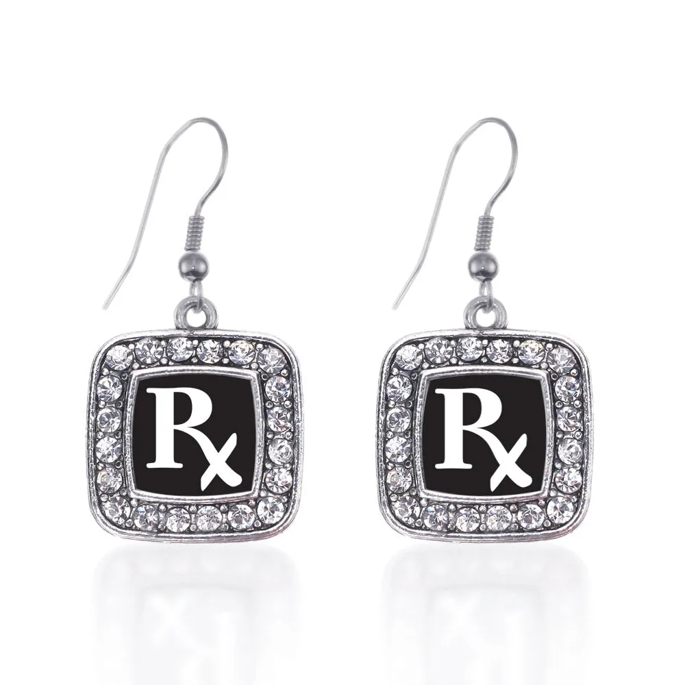 Silver Pharmacy Tech Square Charm Dangle Earrings