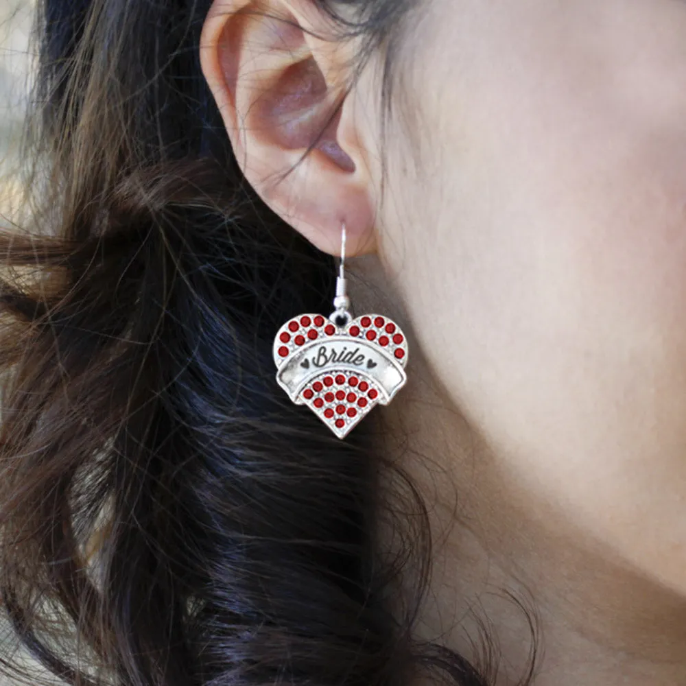 Silver Red Bride Red Pave Heart Charm Dangle Earrings