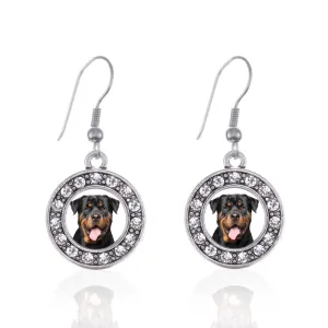 Silver Rottweiler Face Circle Charm Dangle Earrings