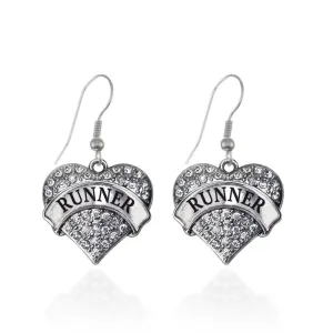 Silver Runner Pave Heart Charm Dangle Earrings