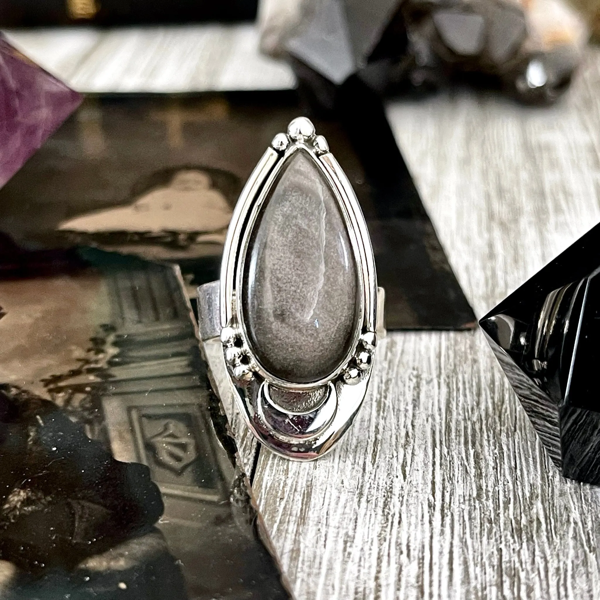 Silver Sheen Obsidian Ring Midnight Moon Crystal Ring Sterling Silver / Designed by FOXLARK - Adjustable to Size 6 7 8 9