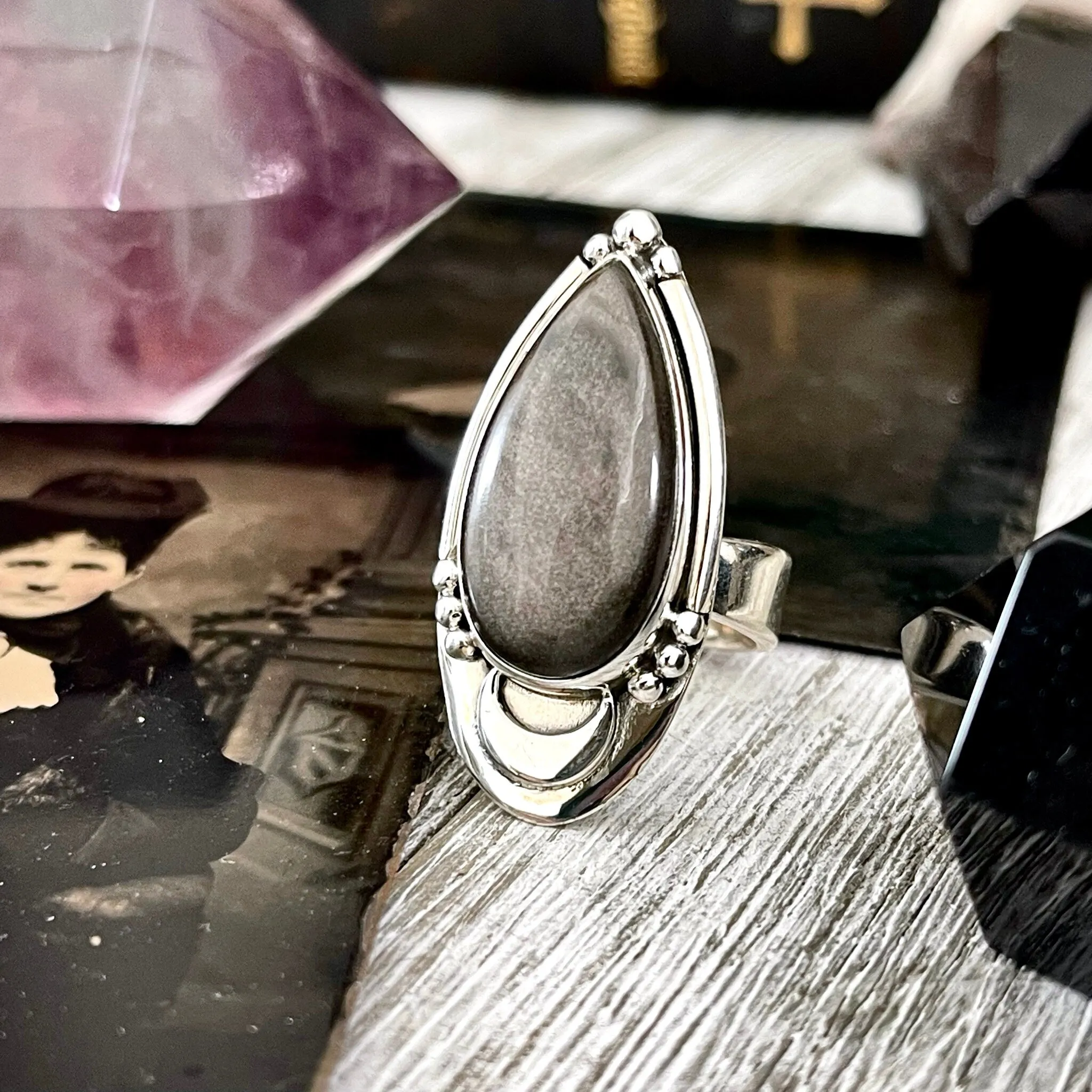 Silver Sheen Obsidian Ring Midnight Moon Crystal Ring Sterling Silver / Designed by FOXLARK - Adjustable to Size 6 7 8 9