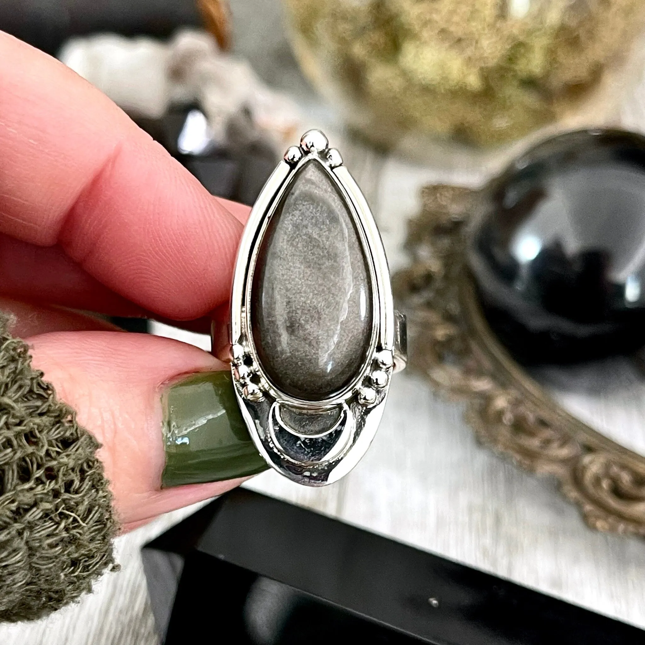 Silver Sheen Obsidian Ring Midnight Moon Crystal Ring Sterling Silver / Designed by FOXLARK - Adjustable to Size 6 7 8 9