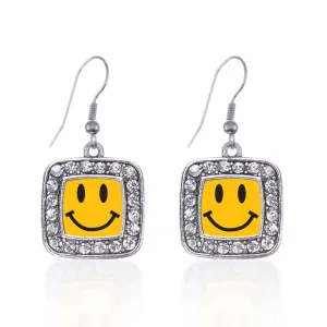 Silver Smiley Face Square Charm Dangle Earrings