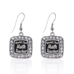 Silver World's Best Math Teacher Square Charm Dangle Earrings