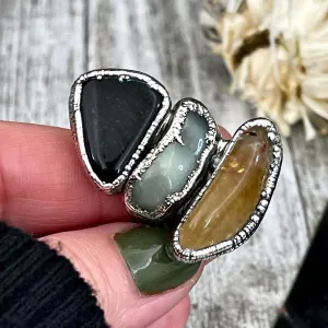 Size 6.5 Crystal Ring - Three Stone Black Onyx Aventurine Citrine Ring in Sliver / Foxlark Collection - One of a Kind