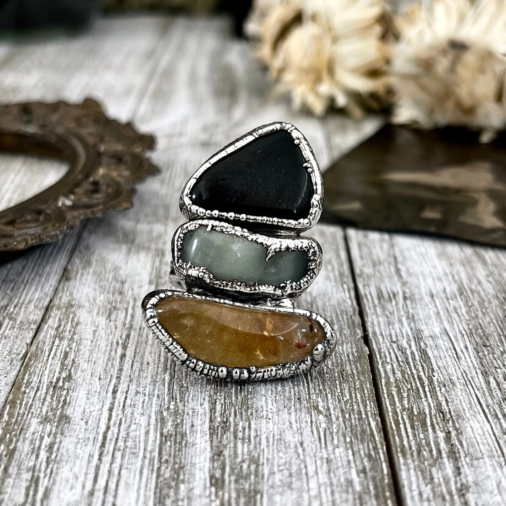 Size 6.5 Crystal Ring - Three Stone Black Onyx Aventurine Citrine Ring in Sliver / Foxlark Collection - One of a Kind