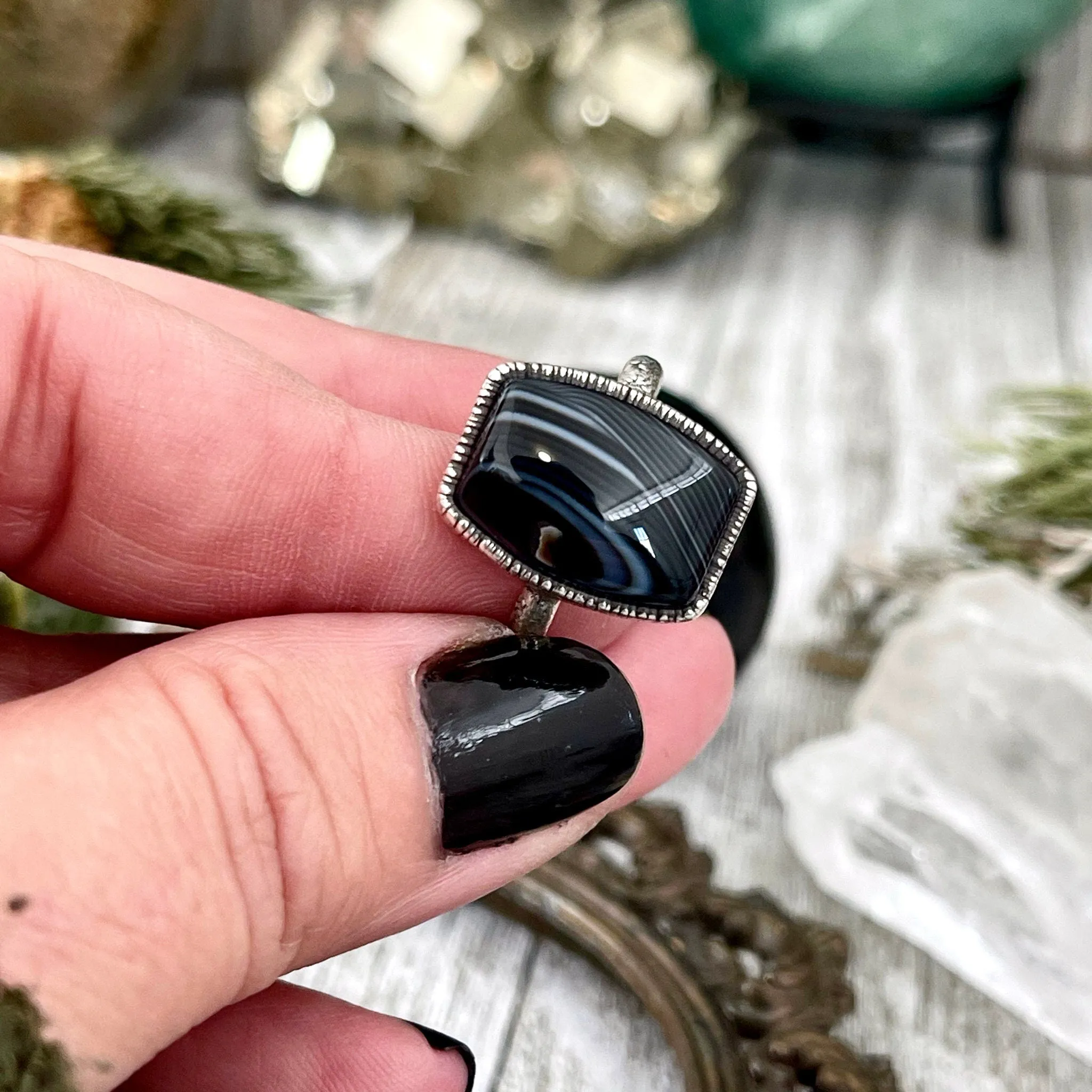 Size 7 or 9 Natural Black Stone Agate Ring in Fine Silver/ Foxlark Collection - One of a Kind