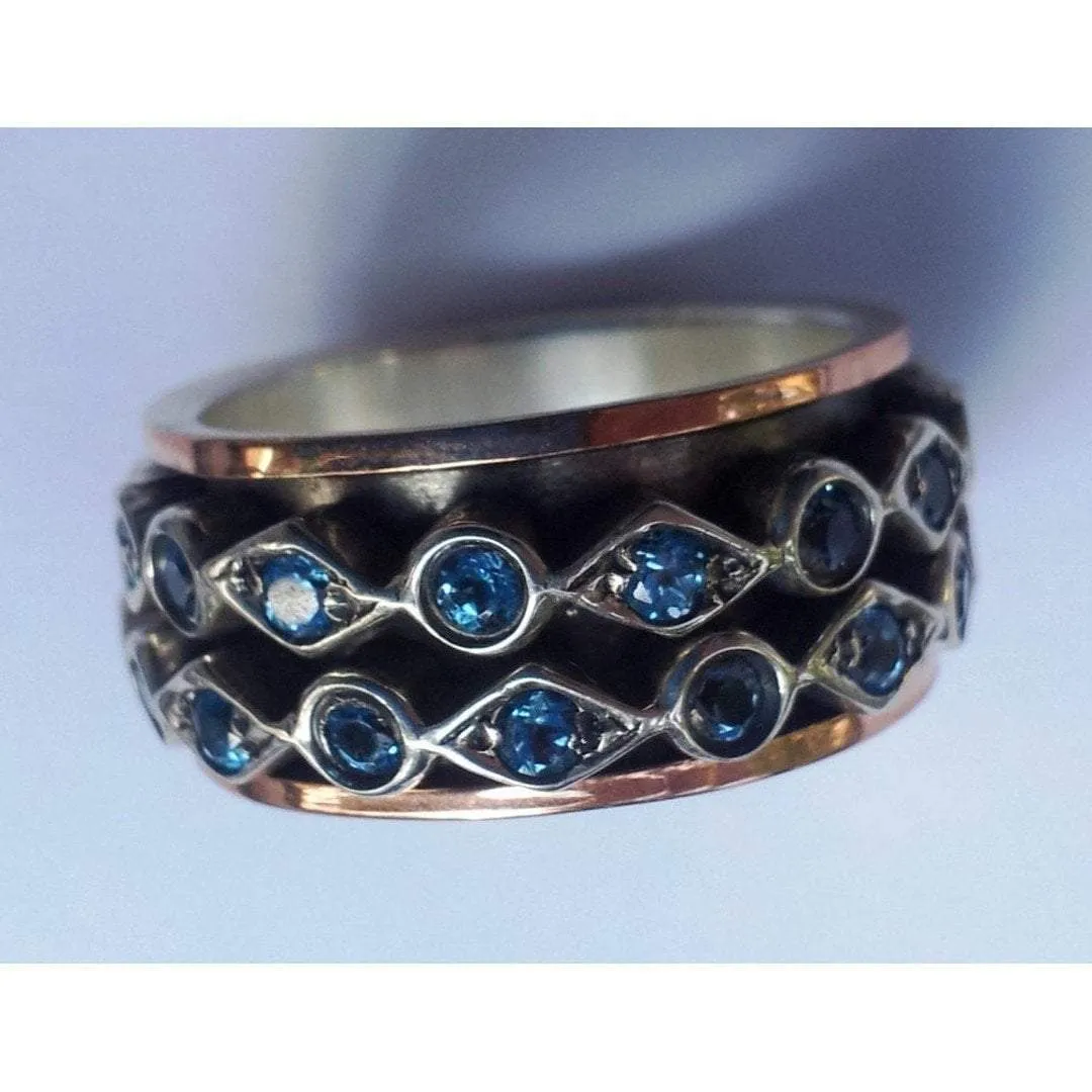 Spinner ring Sterling silver Rose gold  9K Meditation Blue Topaz