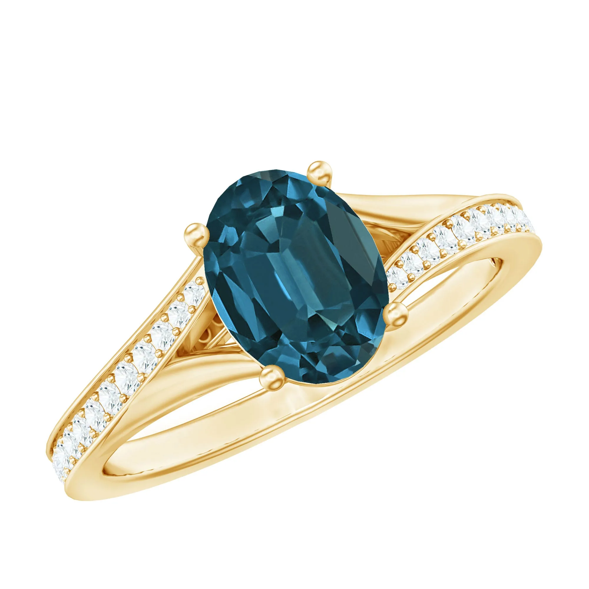 Split Shank Oval London Blue Topaz Solitaire Ring with Diamond