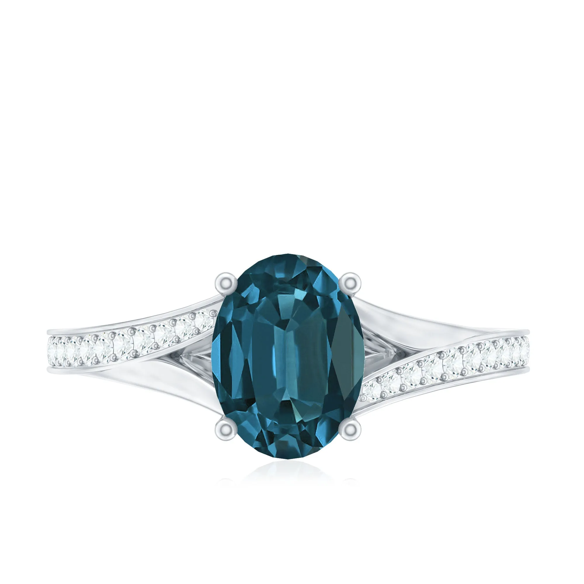 Split Shank Oval London Blue Topaz Solitaire Ring with Diamond