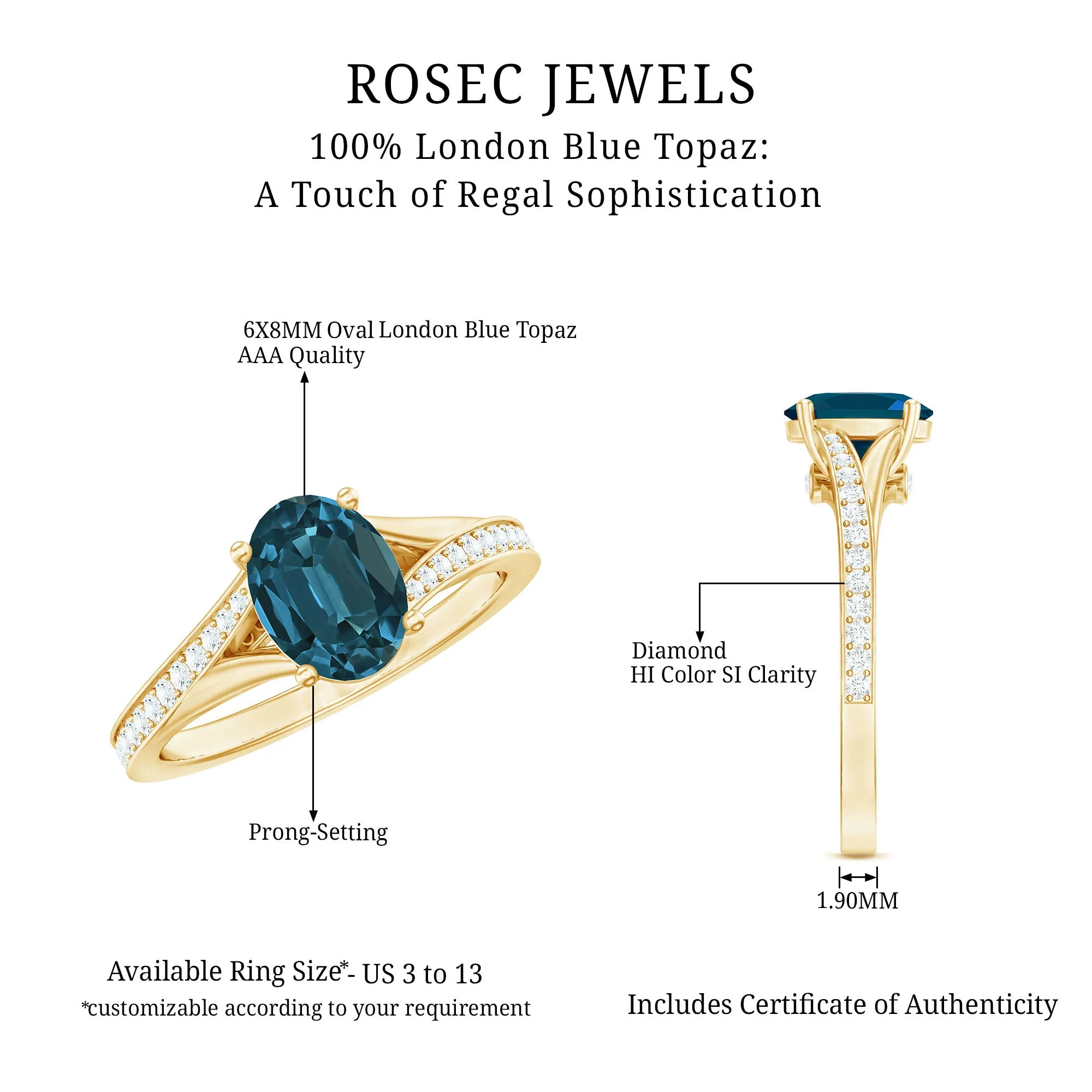 Split Shank Oval London Blue Topaz Solitaire Ring with Diamond