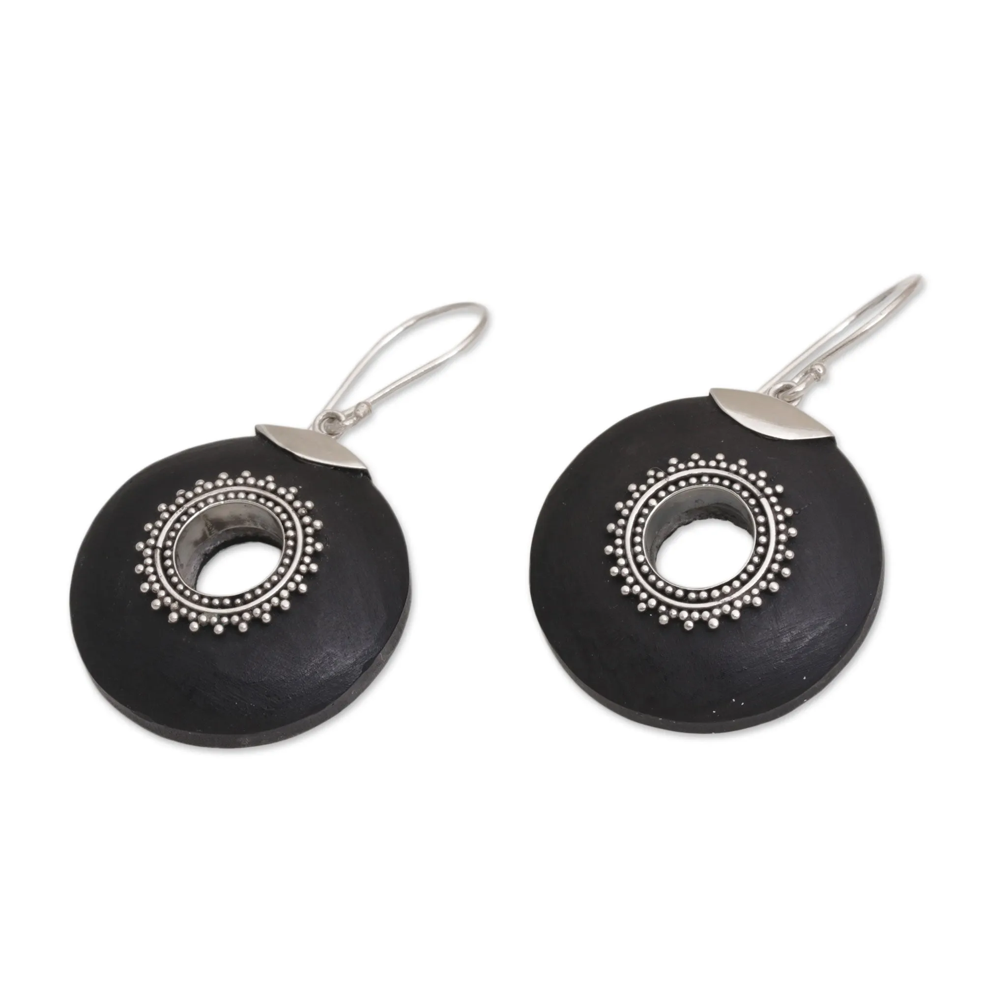 Sterling Silver and Lava Stone Dangle Earrings from Bali - Starlight Circles | NOVICA