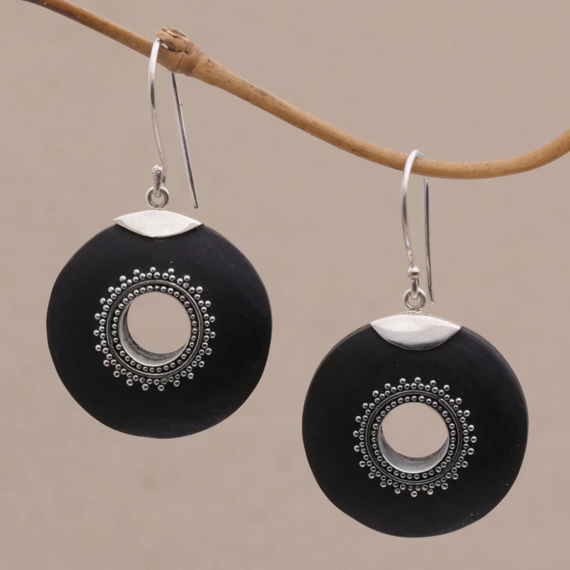 Sterling Silver and Lava Stone Dangle Earrings from Bali - Starlight Circles | NOVICA