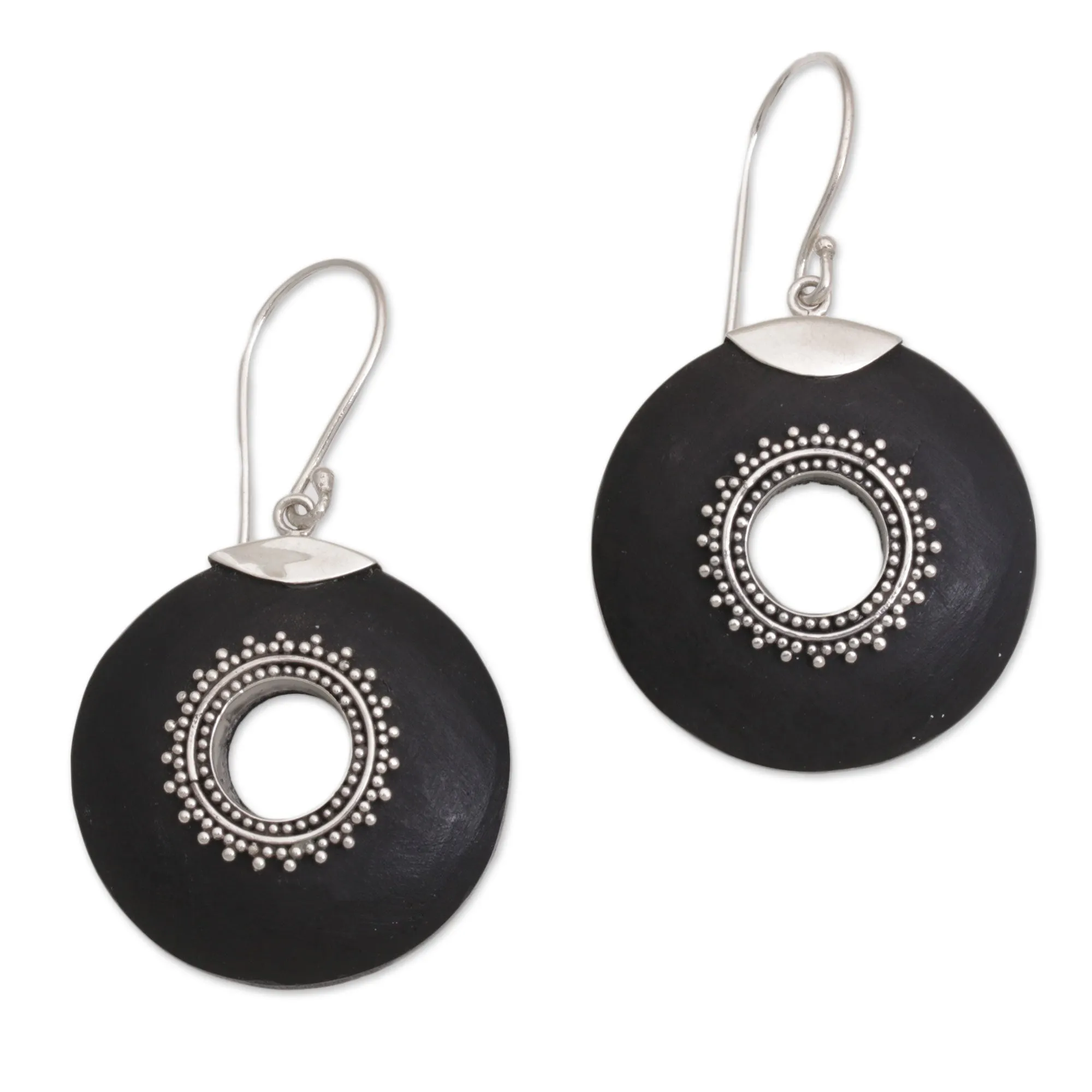 Sterling Silver and Lava Stone Dangle Earrings from Bali - Starlight Circles | NOVICA