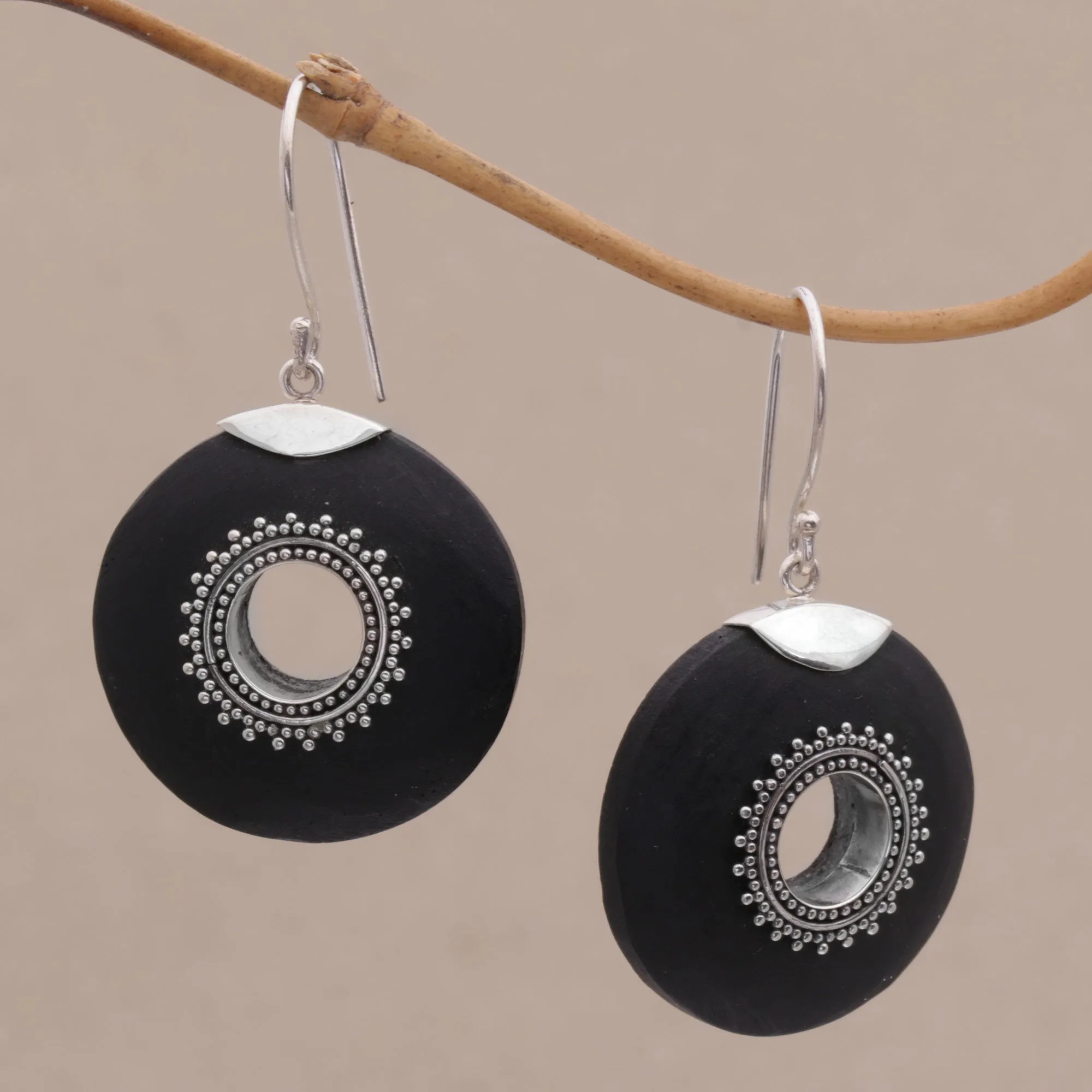 Sterling Silver and Lava Stone Dangle Earrings from Bali - Starlight Circles | NOVICA