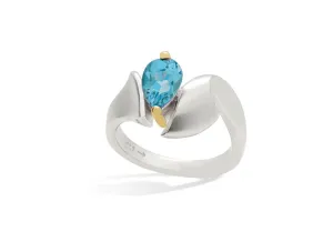 Sterling Silver Blue Topaz Pear Shape Ring w/ 14KYGP