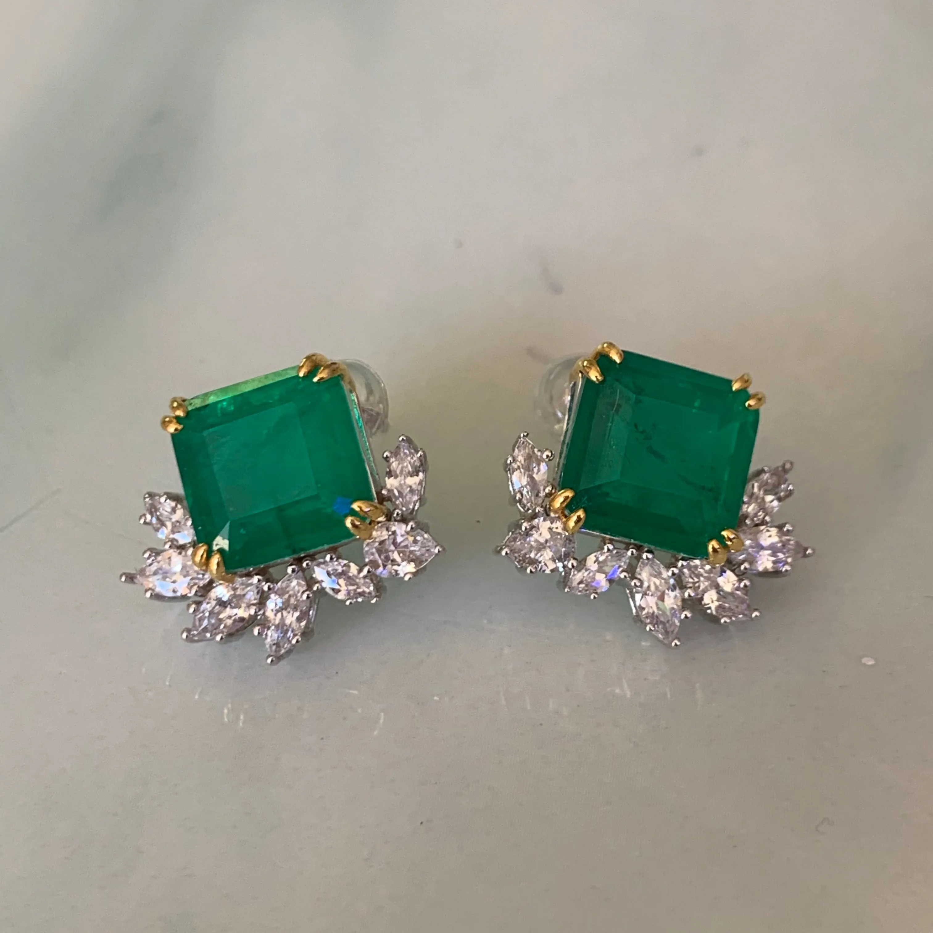 Sterling silver emerald earrings with marquise cz diamonds