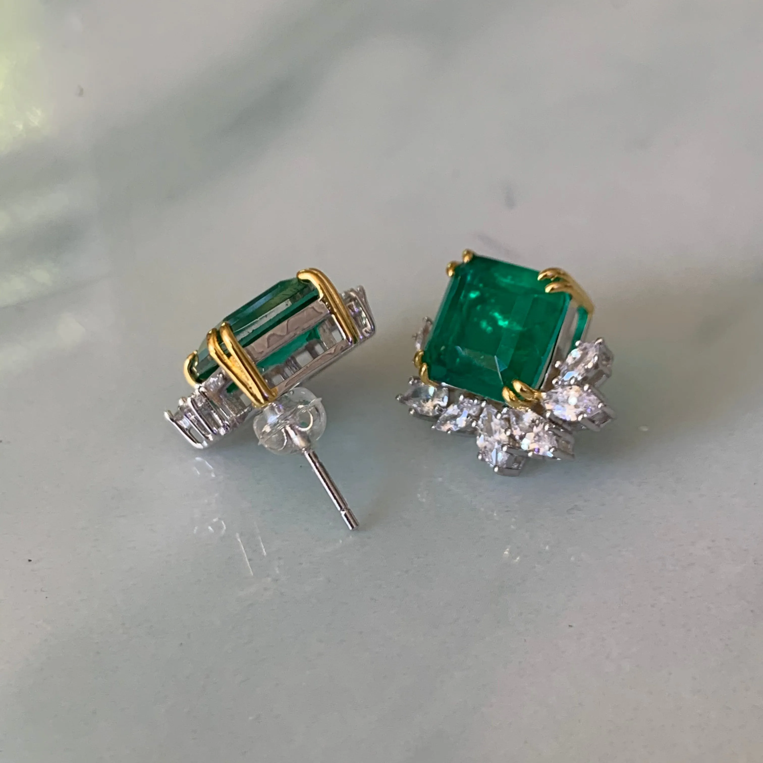 Sterling silver emerald earrings with marquise cz diamonds