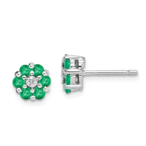 Sterling Silver Genuine Emerald And Diamond Center Flower Post Earrings